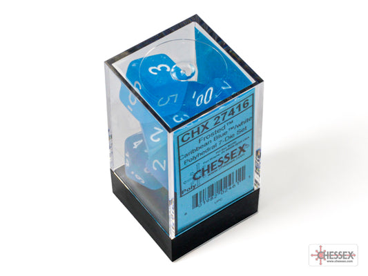 Chessex - Frosted Polyhedral 7 Dice Set - Caribbean Blue with White - Loaded Dice