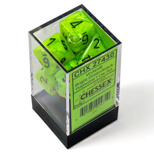 Chessex - Vortex Polyhedral 7 Dice Set - Bright Green with Black - Loaded Dice