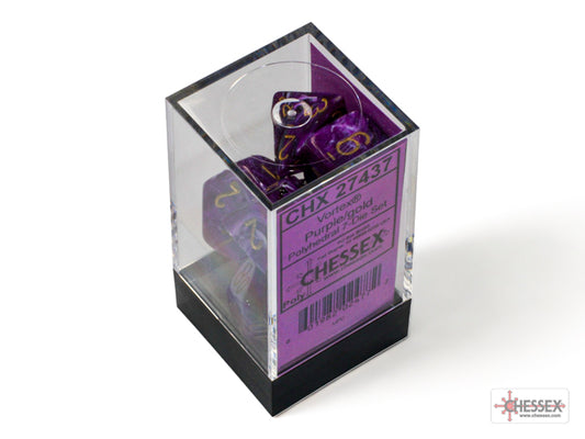 Chessex - Vortex Polyhedral 7 Dice Set - Purple with Gold - Loaded Dice