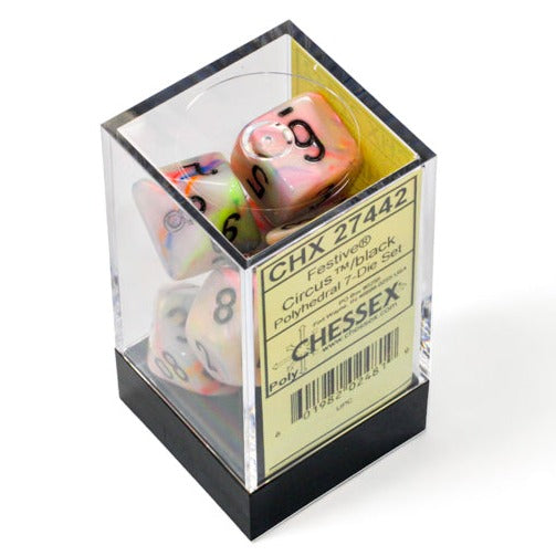 Chessex - Festive Polyhedral 7 Dice Set - Circus with Black - Loaded Dice