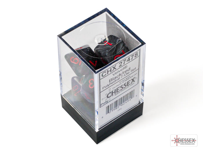 Chessex - Velvet Polyhedral 7 Dice Set - Black with Red - Loaded Dice