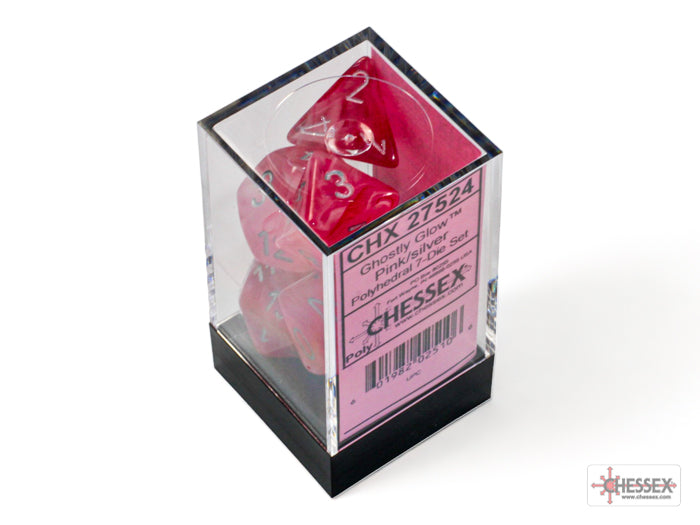 Chessex - Ghostly Polyhedral 7 Dice Set - Glow Pink & Silver - Loaded Dice