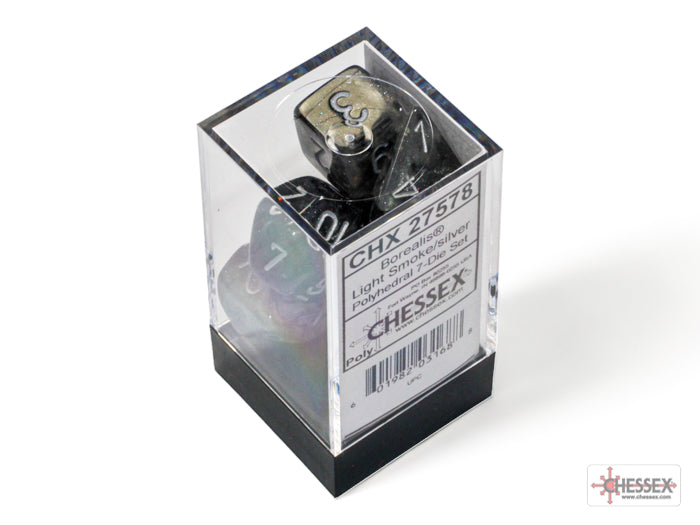 Chessex - Borealis Polyhedral 7 Dice Set - Luminary Light Smoke Silver - Loaded Dice