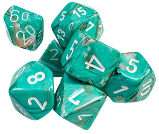 Chessex - Marble Polyhedral 7 Dice Set - Oxi-Copper & White - Loaded Dice