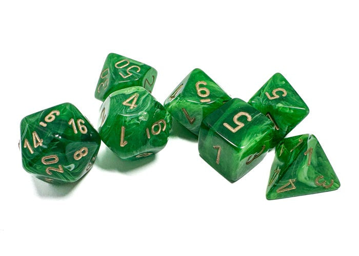 Chessex - Vortex Polyhedral 7 Dice Set - Green with Gold - Loaded Dice