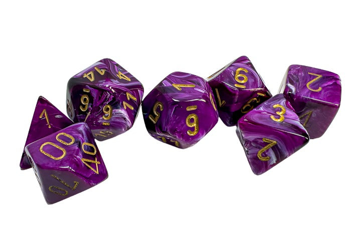 Chessex - Vortex Polyhedral 7 Dice Set - Purple with Gold - Loaded Dice