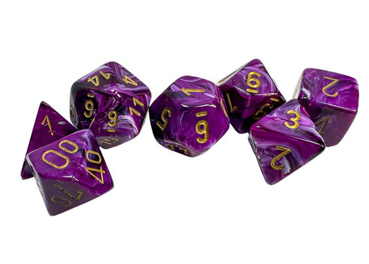 Chessex - Vortex Polyhedral 7 Dice Set - Purple with Gold - Loaded Dice