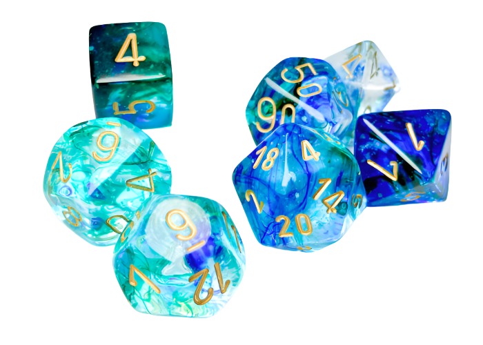 Chessex - Nebula Polyhedral 7 Dice Set - Luminary Oceanic Gold - Loaded Dice