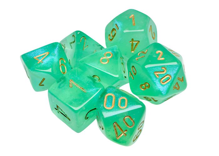 Chessex - Borealis Polyhedral 7 Dice Set - Luminary Light Green & Gold - Loaded Dice