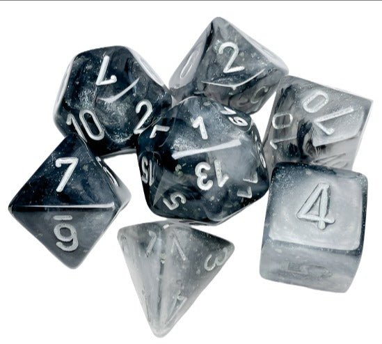 Chessex - Borealis Polyhedral 7 Dice Set - Luminary Light Smoke Silver - Loaded Dice