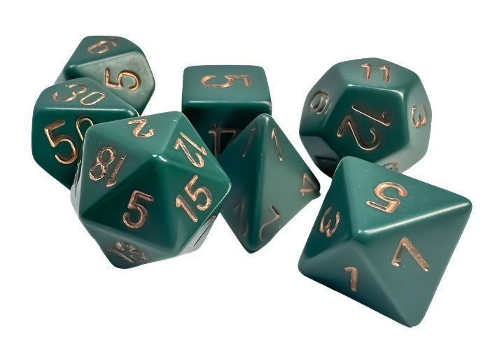 Chessex - Opaque Polyhedral 7 Dice Set - Dusty Green with Gold - Loaded Dice