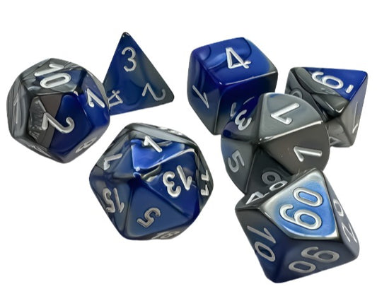 Chessex - Gemini Polyhedral 7 Dice Set - Blue, Steel with White - Loaded Dice