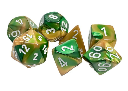 Chessex - Gemini Polyhedral 7 Dice Set - Gold-Green with White - Loaded Dice