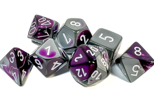 Chessex - Gemini Polyhedral 7 Dice Set - Purple-Steel with White - Loaded Dice