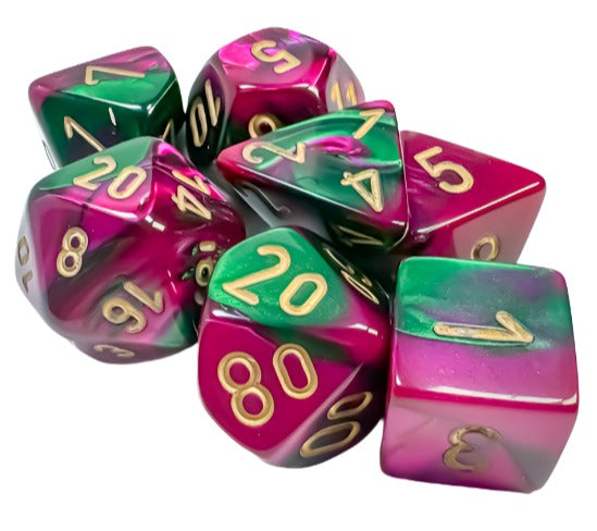 Chessex - Gemini Polyhedral 7 Dice Set - Green-Purple with Gold - Loaded Dice