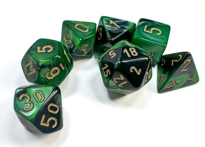Chessex - Gemini Polyhedral 7 Dice Set - Black-Green with Gold - Loaded Dice