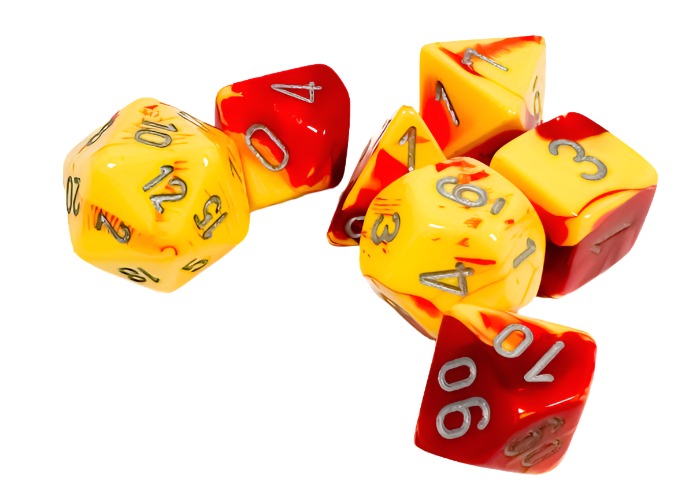 Chessex - Gemini Polyhedral 7 Dice Set - Red-Yellow with Silver - Loaded Dice