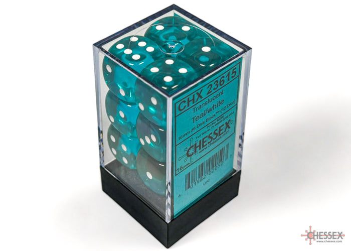 Chessex - Translucent 16mm D6 Dice Block - Teal with White - Loaded Dice