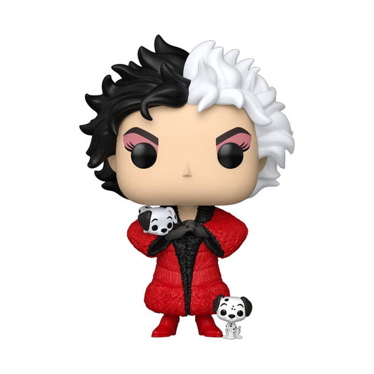 101 Dalmatians (1996) Cruella De Vil Funko Pop! Disney vinyl figure in a red coat with a Dalmatian puppy