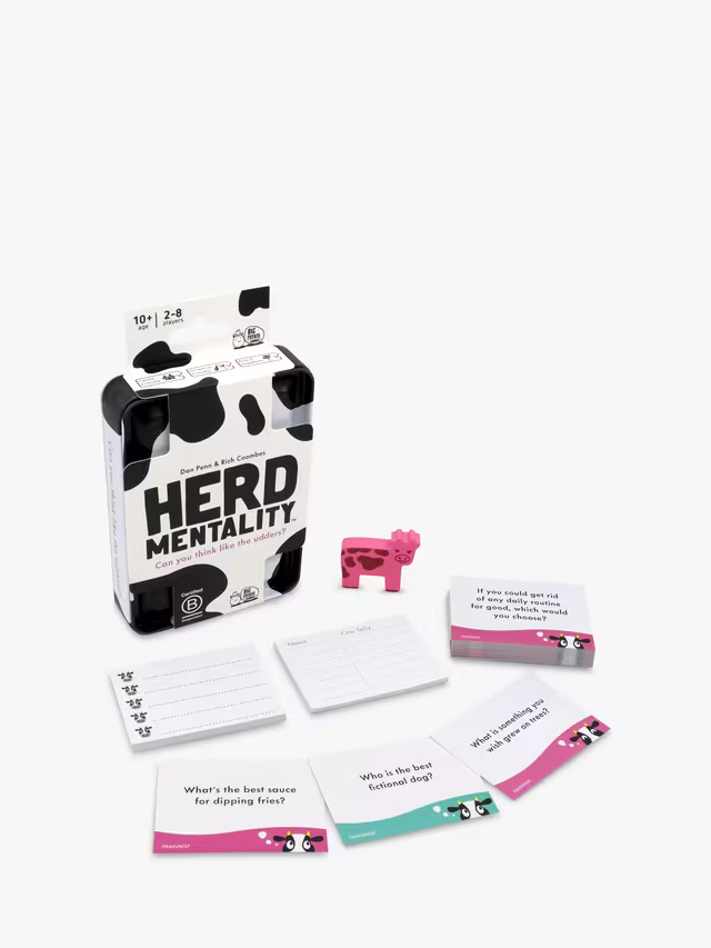 Herd Mentality travel tin with question cards, answer pad and Pink Cow token laid out