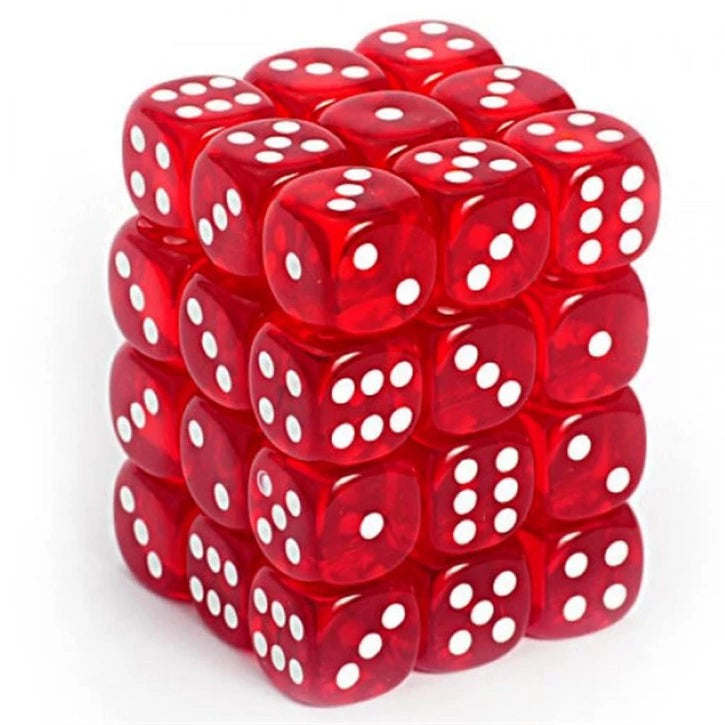 Chessex - Translucent 12mm D6 Dice Block - Red with White - Loaded Dice
