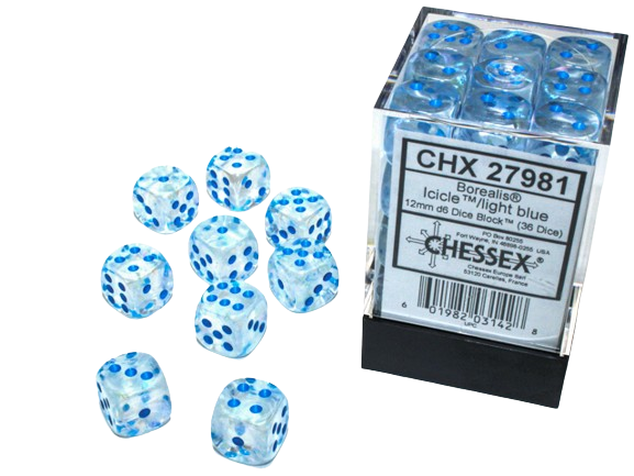 Chessex - Borealis 12mm D6 Dice Block - Luminary Icicle/light blue Luminary Dice Block - Loaded Dice