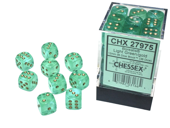 Chessex - Borealis 12mm D6 Dice Block - Luminary Light Green & Gold Dice Block - Loaded Dice