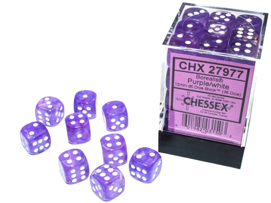 Chessex - Borealis 12mm D6 Dice Block - Luminary Purple & White Dice Block - Loaded Dice