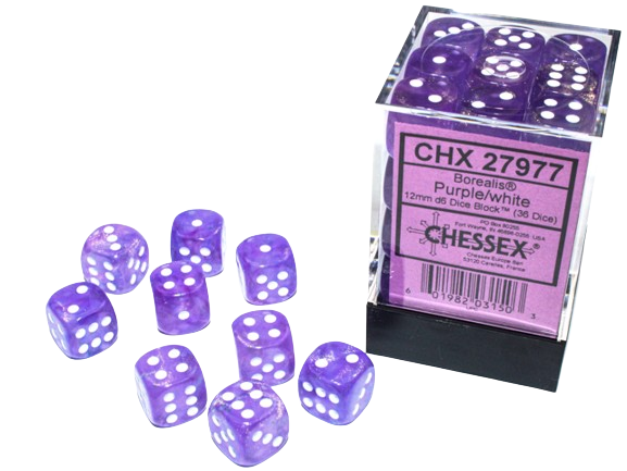 Chessex - Borealis 12mm D6 Dice Block - Luminary Purple & White Dice Block