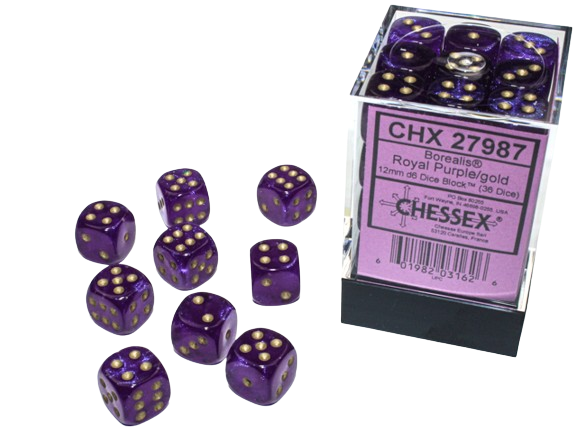 Chessex - Borealis 12mm D6 Dice Block - Luminary Royal Purple & Gold Dice Block