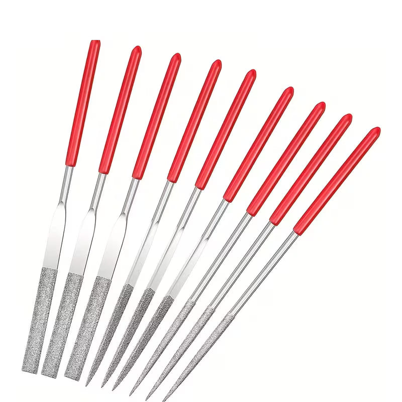 Essentials set of ten red-handled hobby files, fanned out to show the different tips