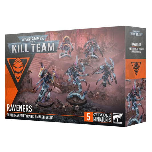 Box of Warhammer 40k Kill Team Raveners miniatures on a white background