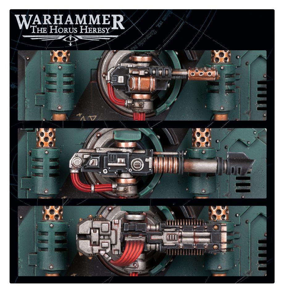 Close-ups of Deimos Predator Support Tank sponson weapon options on painted green hulls
