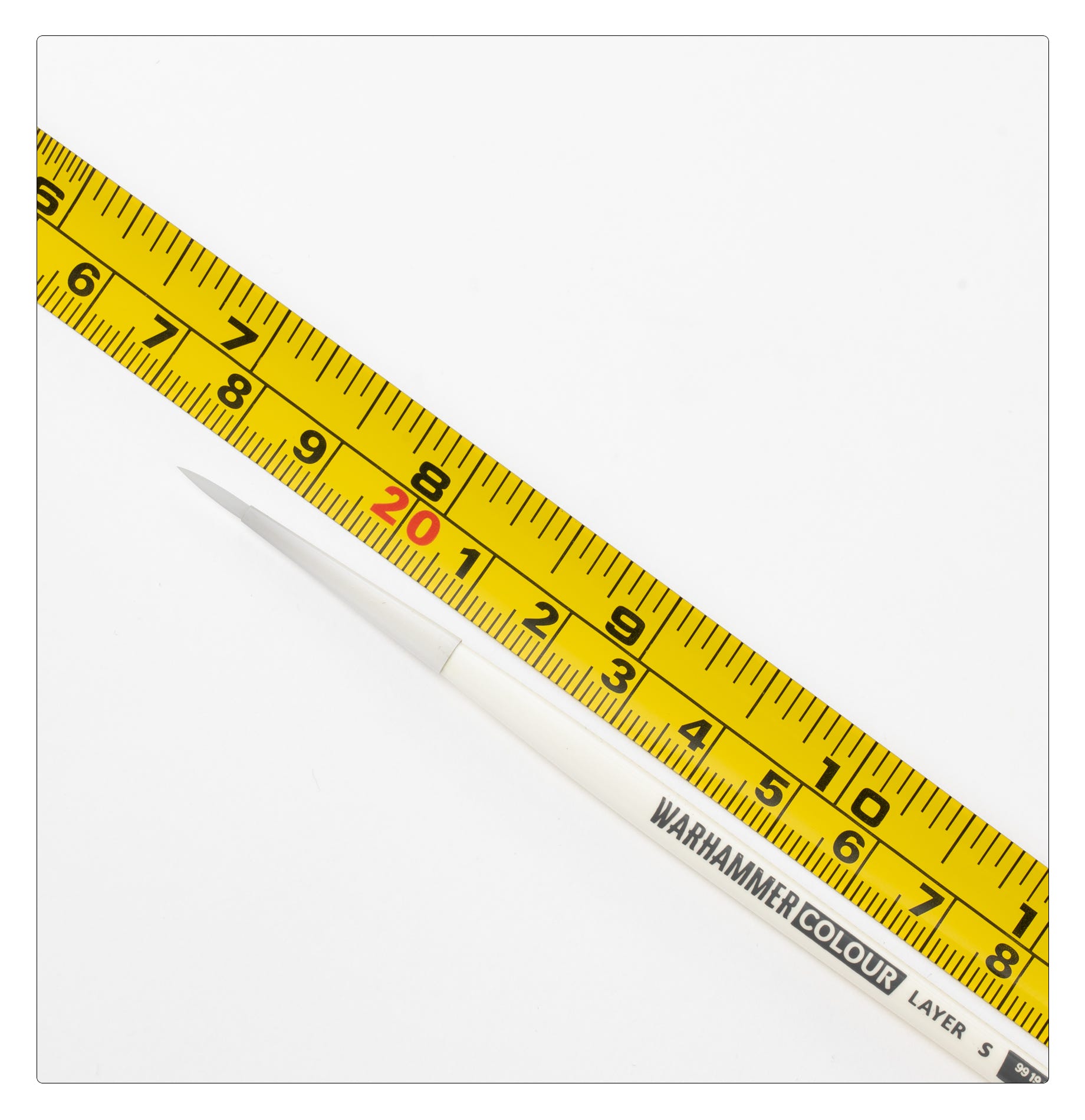 Warhammer Colour Layer Brush (Small) shown against a tape measure for size