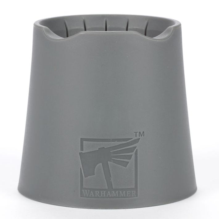 Gray cylindrical object with a Warhammer logo on a white background