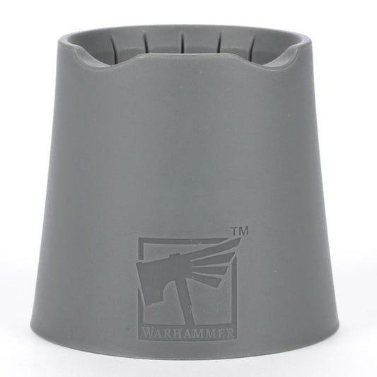 Gray cylindrical object with a Warhammer logo on a white background