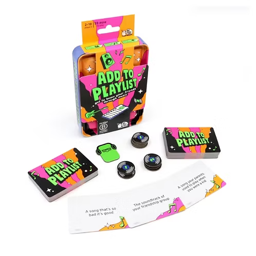 Add to Playlist Travel game contents: tin, prompt cards, song cards and counters