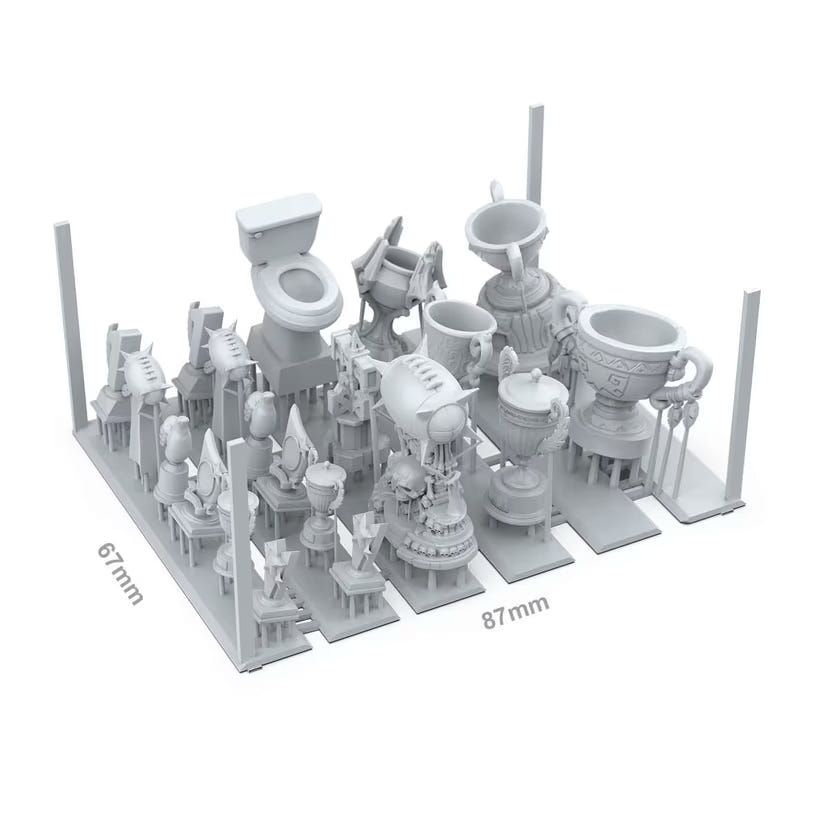 AK Interactive Fantasy Football Trophies unpainted grey trophy bits on their frame, measuring 67 x 87mm