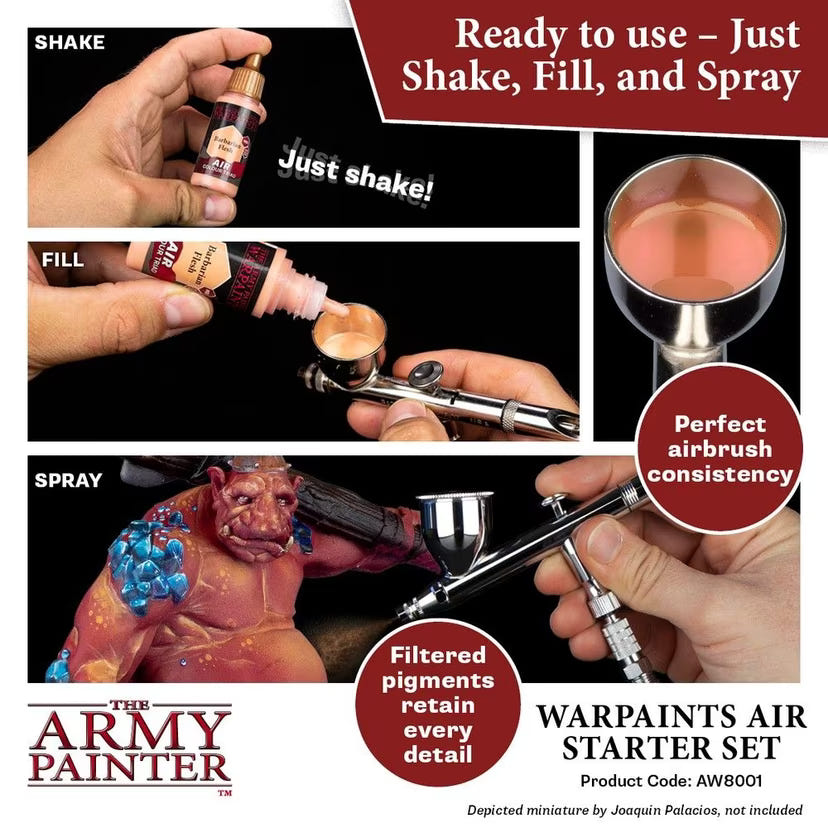 Warpaints Air Starter Set shake, fill and spray steps shown with an airbrush