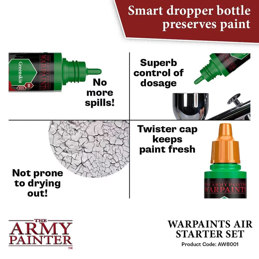 Warpaints Air dropper bottle features: twister cap, dosage control and no-spill design