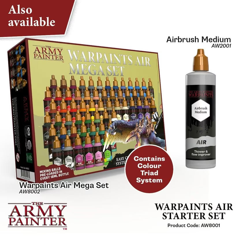 Army Painter promo panel showing the Warpaints Air Mega Set and Airbrush Medium