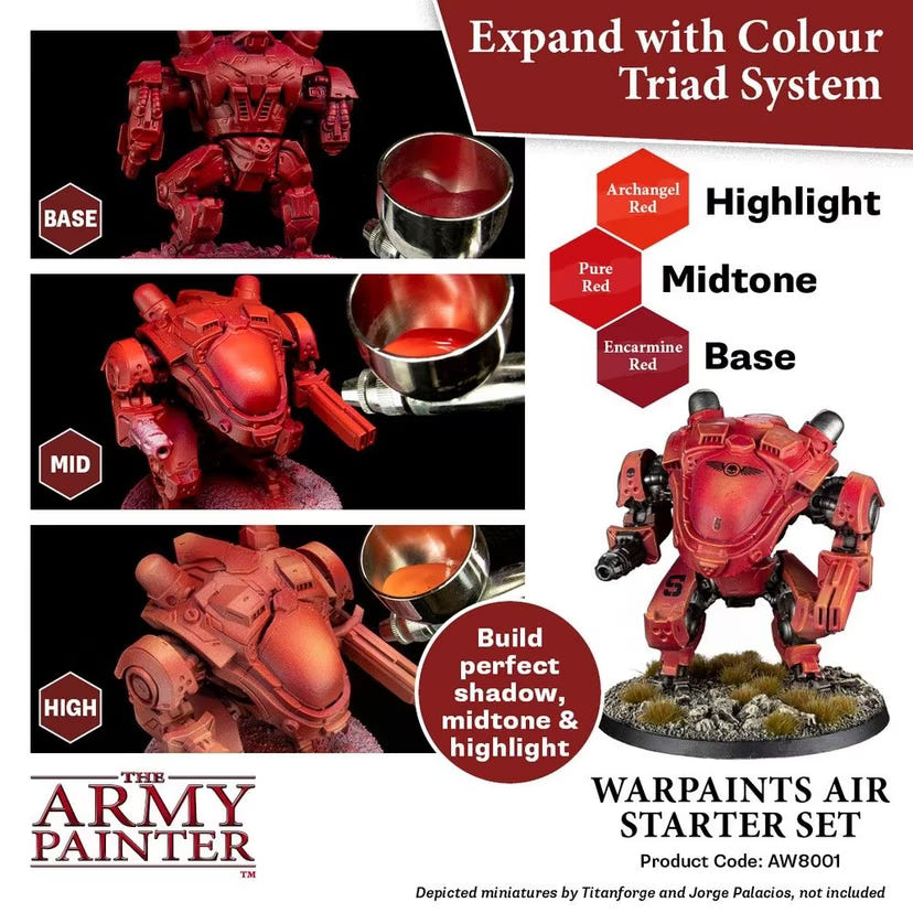 Robot miniature airbrushed in base, midtone and highlight reds with Warpaints Air