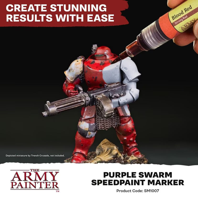 Speedpaint Marker painting a red armoured sci-fi soldier miniature, Army Painter Purple Swarm SM1007
