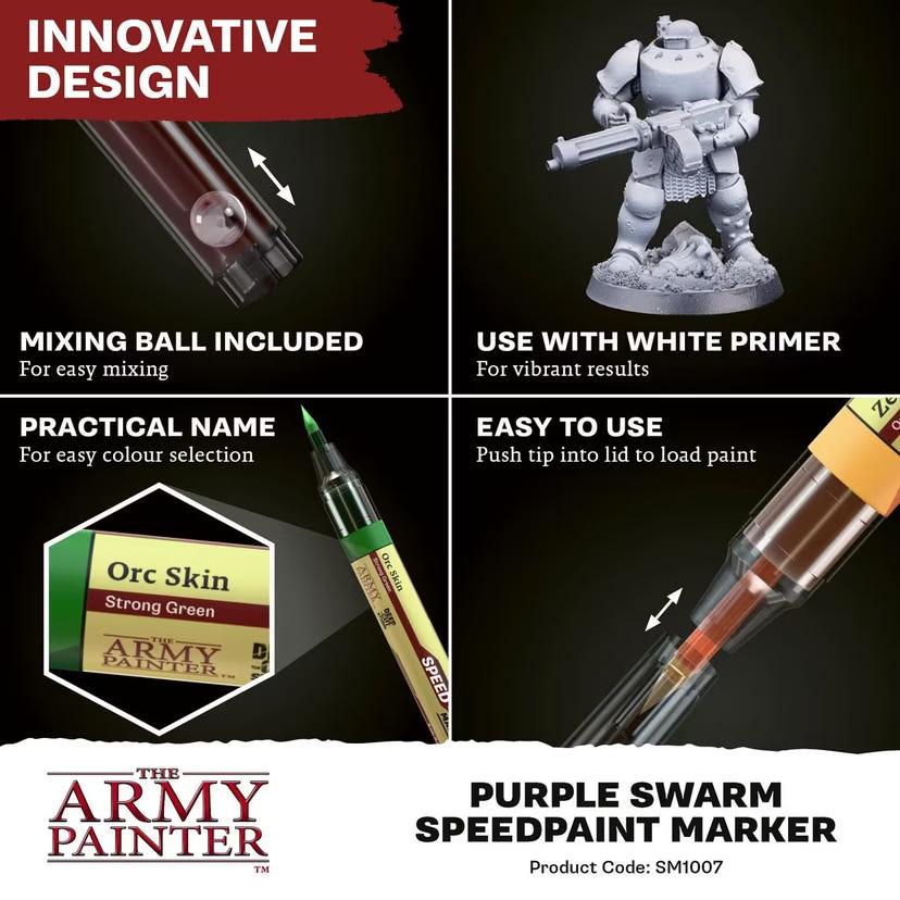 Army Painter Speedpaint Marker features: mixing ball, white primer use, clear name, push-to-load tip