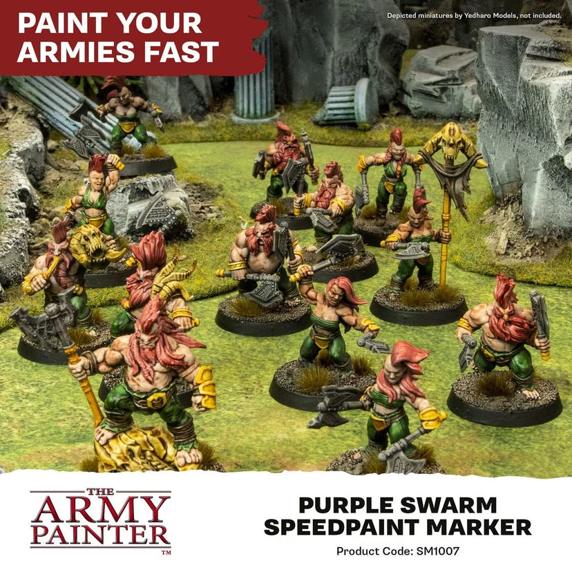 Army of painted fantasy miniatures on a battlefield, promoting Army Painter Speedpaint Markers