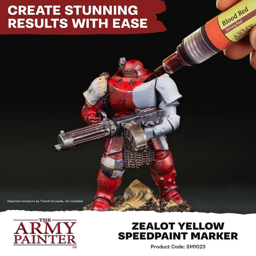 Army Painter Speedpaint Marker painting red armour on a sci-fi soldier miniature, Zealot Yellow listing