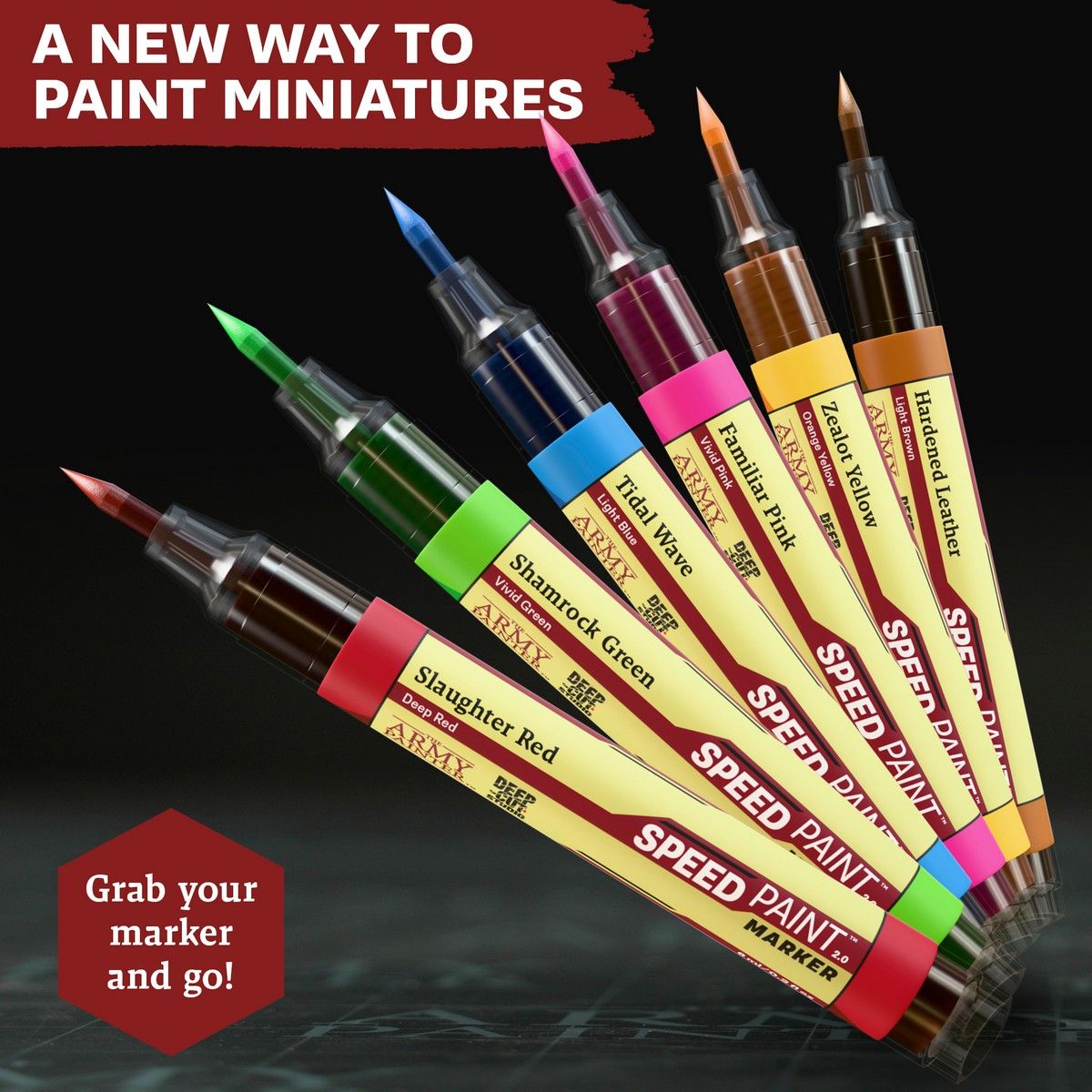 Speedpaint Markers fanned out showing their brush tips in Slaughter Red, Shamrock Green, Tidal Wave, Familiar Pink, Zealot Yellow and Hardened Leather