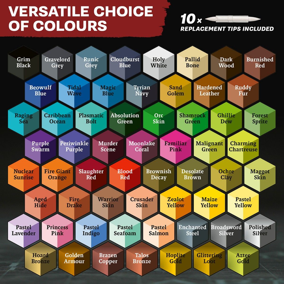 Speedpaint Marker Mega Set colour chart showing all 60 colours, with 10 replacement tips included