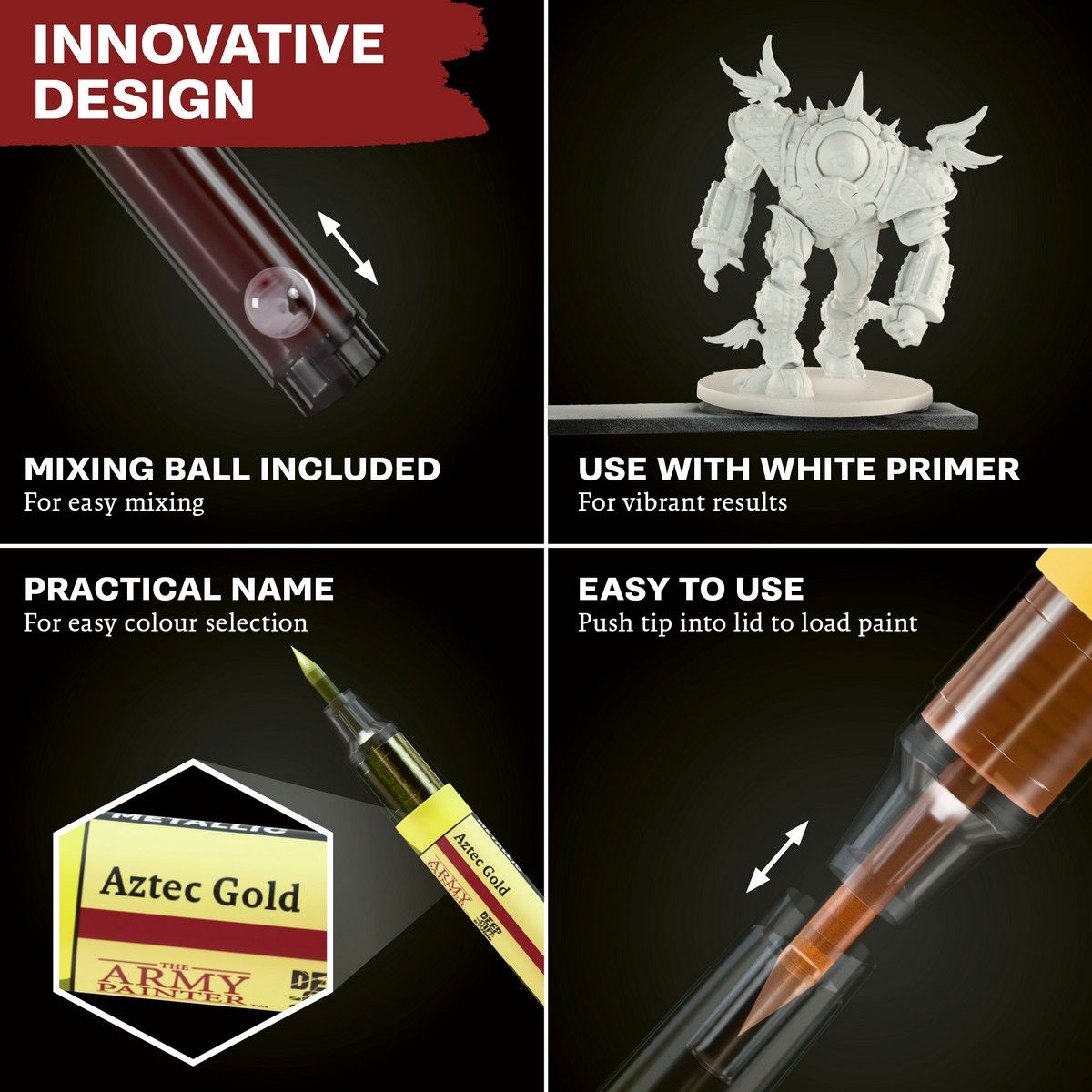 Speedpaint Marker features: built-in mixing ball, use over white primer, colour-named labels and push-to-load tip
