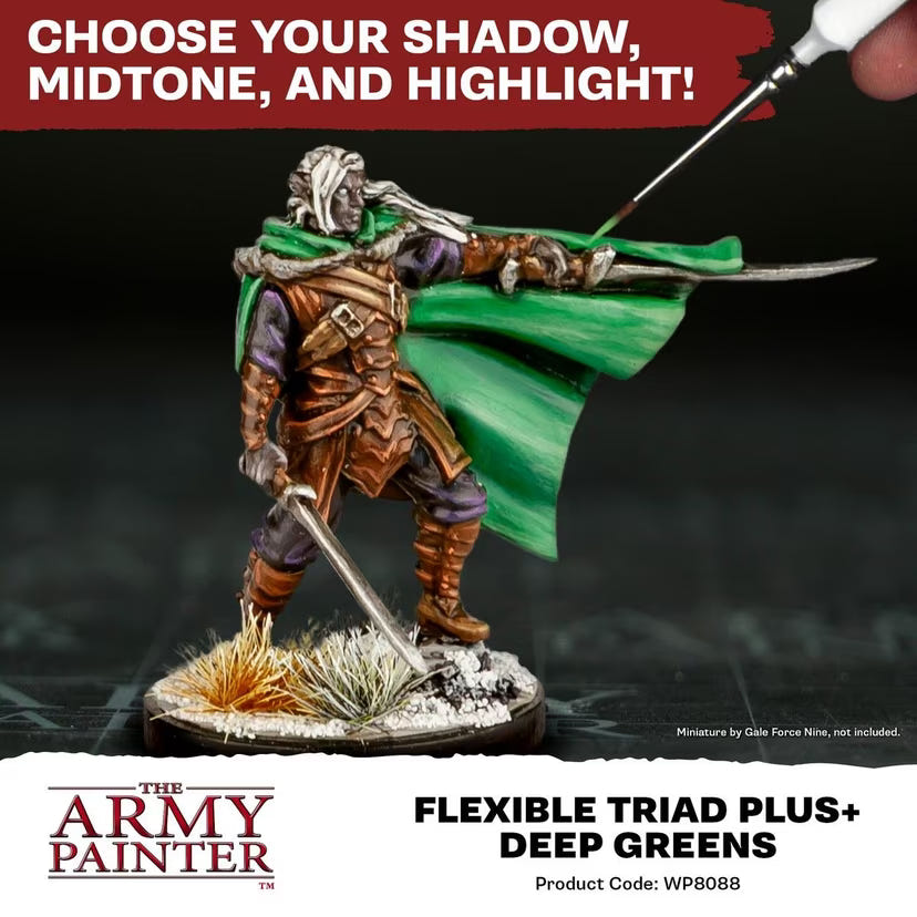 Painted ranger miniature in a green cloak illustrating shadow, midtone and highlight with Army Painter Deep Greens